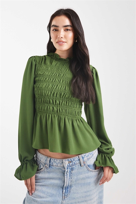 Блузка с высоким воротником, длинными рукавами и сборками артикул 148301031