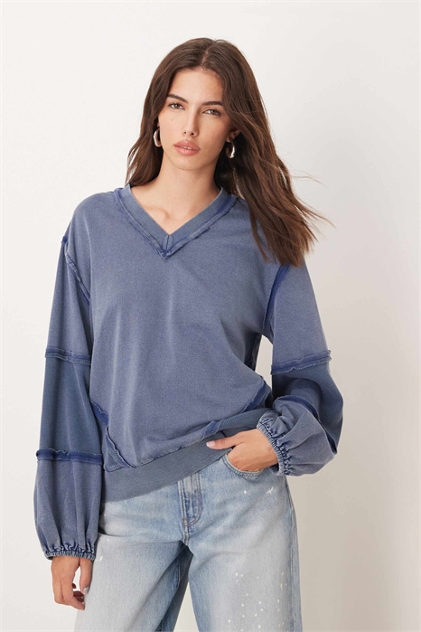 Свитшот с V-образным вырезом и вставкой из ткани «вафля» артикул 149079957