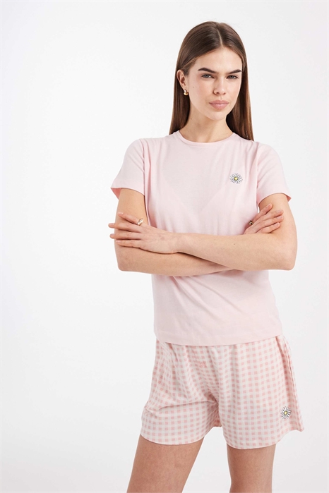 Пижамный комплект из хлопковой футболки и шорт с цветочным принтом и вышивкой в виде ромашек артикул 149383349