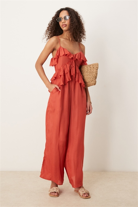 Комбинезон из вискозы с микро-рубашечным вырезом и сборками на спине артикул 140700306