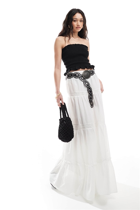 Макси-юбка в стиле бохо с кружевными вставками и многослойным силуэтом артикул 142659047