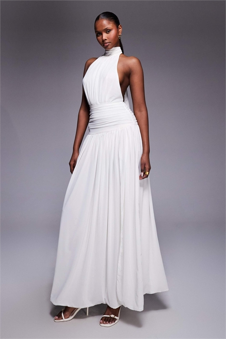 Макси-платье с высоким воротником, завязками за шеей, сборками, заниженной талией и открытой спиной артикул 153643131