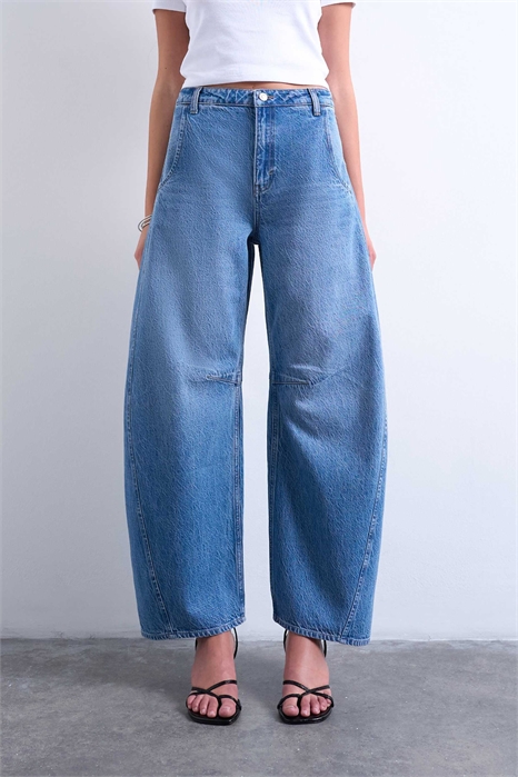 Джинсы-бочки средней посадки с подкосом артикул 149629244