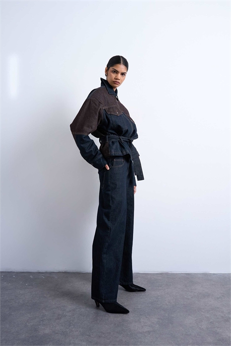 Двухцветные джинсы с высокой талией и свободным кроем артикул 149830462