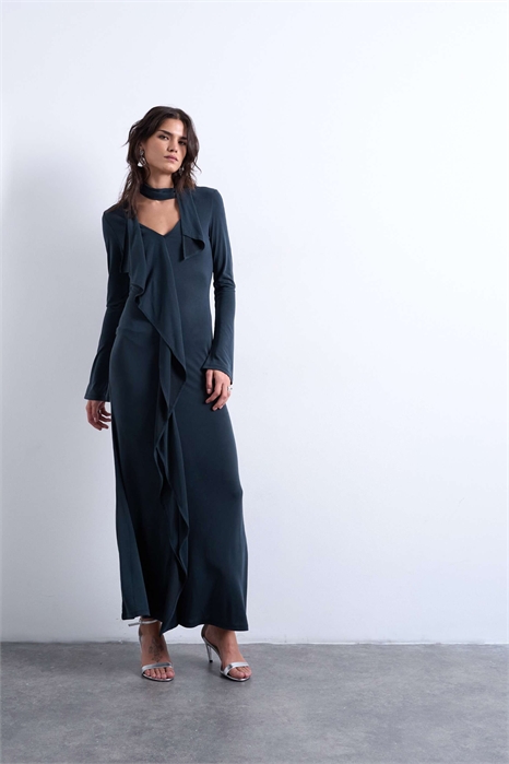 Макси-платье с воланами и шарфом из купро артикул 151448659