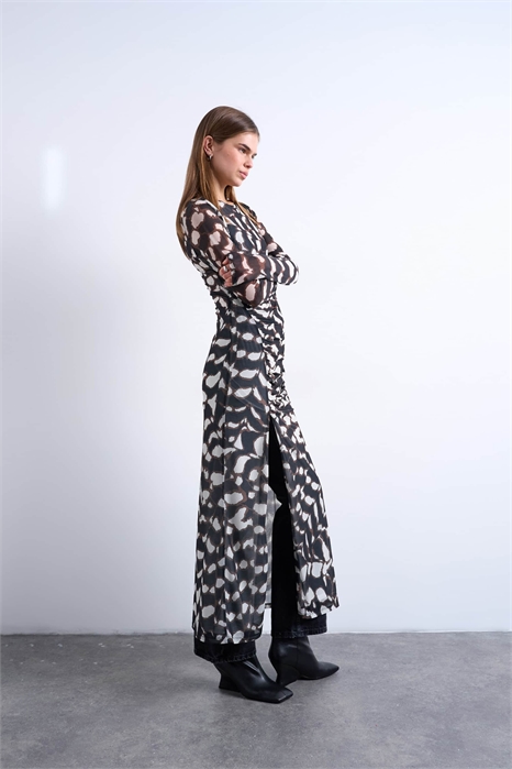 Платье-макси из сетчатой ткани с принтом «под шкуру» и длинными рукавами артикул 151448652