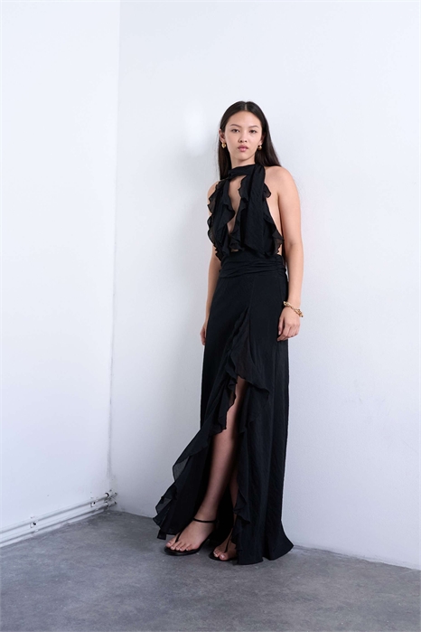 Макси-платье с глубоким вырезом и оборками артикул 149998847