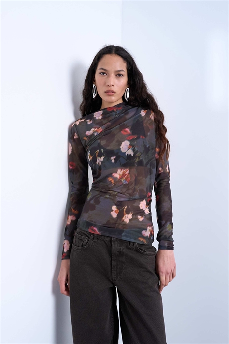Топ с длинными рукавами, с рюшами и цветочным принтом на сетчатой ткани артикул 153711910