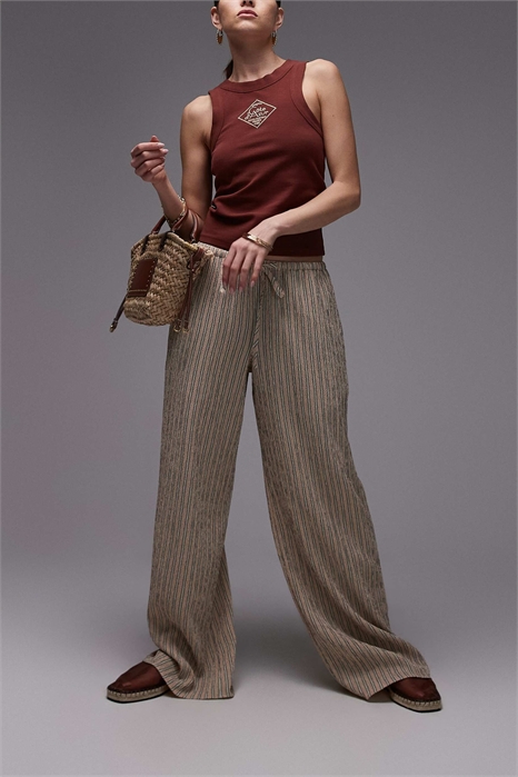 Брюки с низкой посадкой, широкими брючинами и завязкой на талии, с гофрированной полоской артикул 141528267