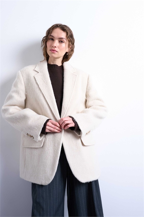 Длинное пальто-блейзер из шерсти с ворсовой отделкой и одной пуговицей артикул 142325475