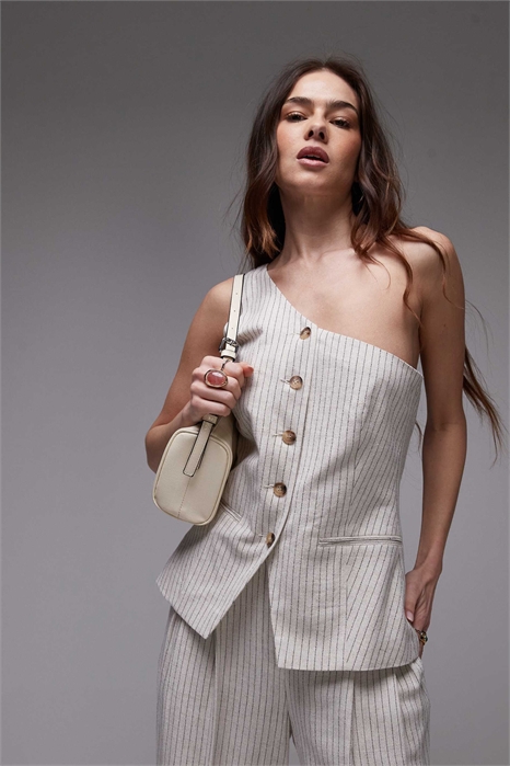 Комплект из льняного топа в полоску с одним бретелем артикул 140707701