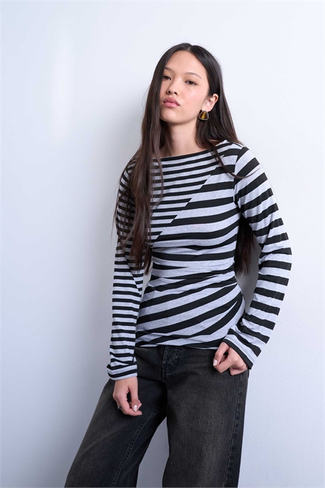 Топ с контрастными полосками и рюшами, с длинными рукавами артикул 153147224