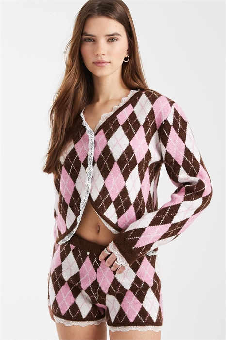 Кардиган с ромбовидным узором и кружевной отделкой co-ord артикул 154954883