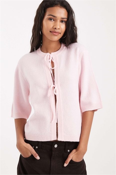 Вязаный топ прямого кроя с завязками спереди и короткими рукавами артикул 152906730