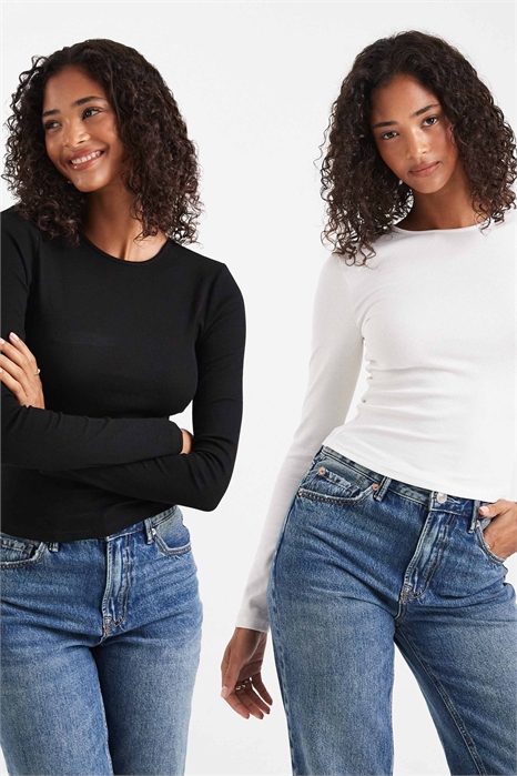 Набор из 2-х футболок с длинным рукавом и ребристым воротником-кружевом артикул 148703385