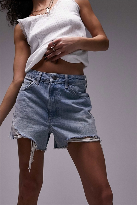 Джинсовые шорты-мама в А-силуэте с порезами артикул 133301755