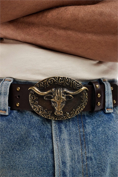 Пояс с застежкой в виде бычьей головы, с металлическим покрытием и заклепками артикул 150369516