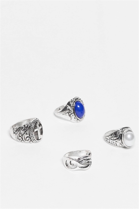 Унисекс набор из 4 колец в стиле гранж с искусственным голубым камнем из полированного серебра артикул 149833280