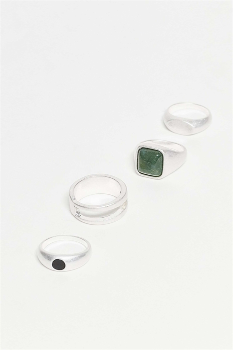 Набор из 4 колец в массивном стиле с полудрагоценными камнями — мхом и черным агатом — на серебряной цепочке артикул 148522329