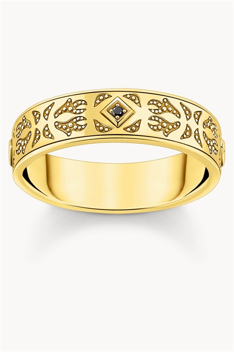 Кольцо с узорчатым ободом, покрытое позолотой, с черными цирконами артикул 154286014