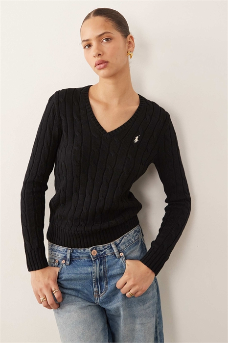 Свитер с V-образным вырезом из хлопка с узором «коса» и логотипом в виде значка Kimberly артикул 152313258