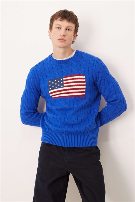 Свитер из хлопка с узором «коса» и флагом США на груди артикул 152670611