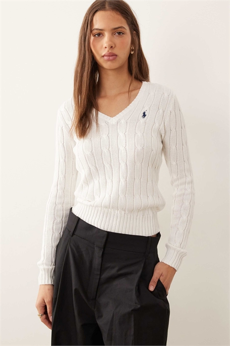 Свитер с V-образным вырезом из хлопка с узором «коса» и логотипом в виде значка Kimberly артикул 152313259