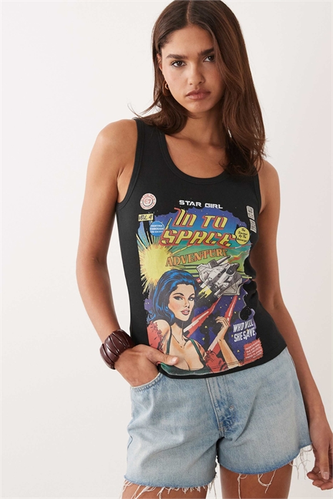 Майка с ребристой отделкой и принтом «Звездная девочка» артикул 155811961