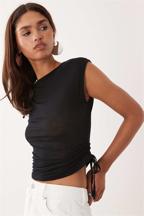 Топ с короткими рукавами и рюшами из прозрачной ткани артикул 155811962