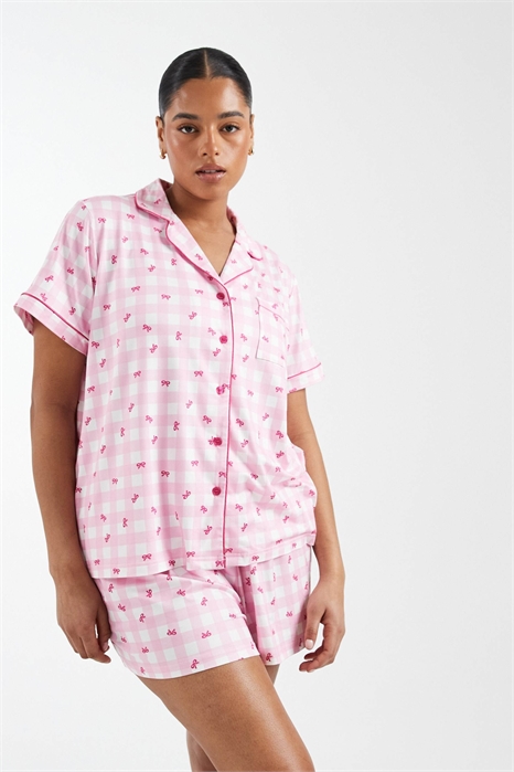 Пижамный комплект из сверхмягкого джерси с розовым клетчатым принтом: рубашка с короткими рукавами и шорты артикул 151898789
