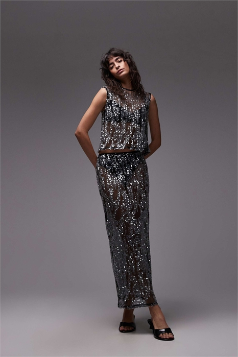 Макси-юбка из прозрачной сетки с пайетками артикул 153532911