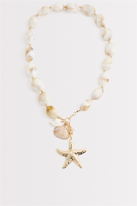 Ожерелье из бисера в виде морских звезд и камней нейтральных оттенков артикул 152701993