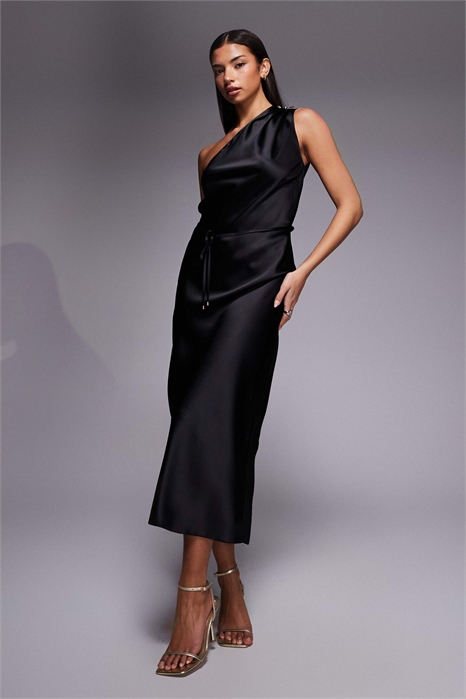 Атласное платье средней длины с одним плечом и завязками артикул 153493278