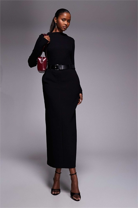 Платье средней длины с длинными рукавами и акцентом на поясе артикул 153251609