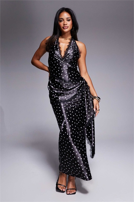 Макси-платье из атласа с принтом и драпировкой, украшенное кружевом артикул 149427765