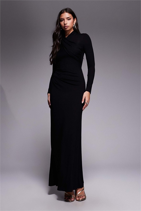 Макси-платье с длинными рукавами, высоким воротником и драпировкой артикул 152590468