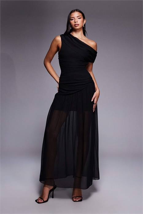 Эксклюзивное макси-платье из шифона с открытыми плечами, асимметричным кроем и сборками на прозрачном подоле артикул 152835398