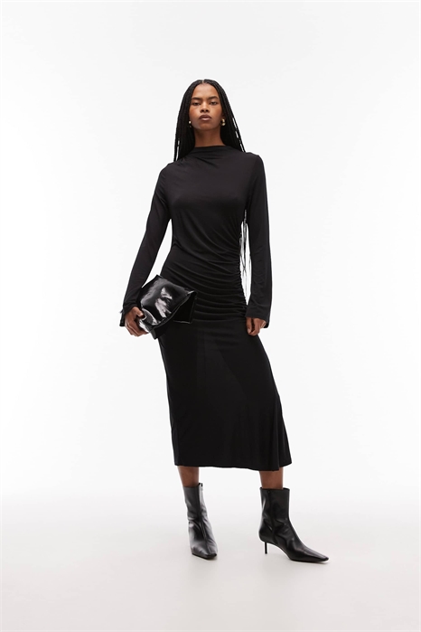 Мягкое платье средней длины с высоким воротником и длинными рукавами артикул 150833999