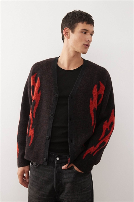 Оверсайз-кардиган из смешанной шерсти с принтом в виде пламени артикул 152803251