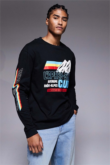 Футболка свободного кроя с длинными рукавами и принтом на тему лыжного спорта артикул 149518725