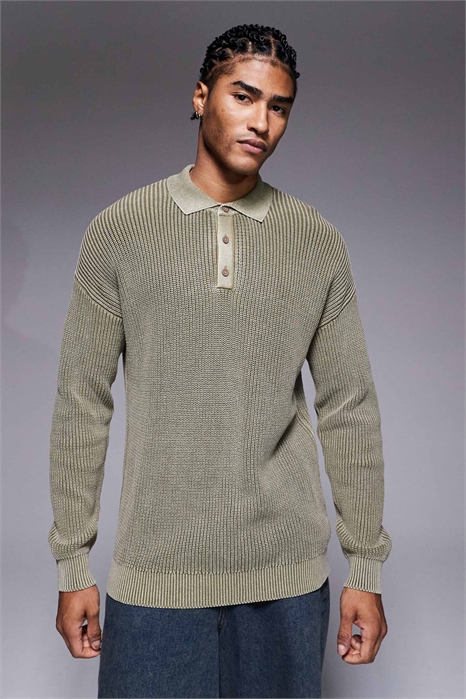 Свободный трикотажный свитер-поло с ребристой отделкой артикул 152125568