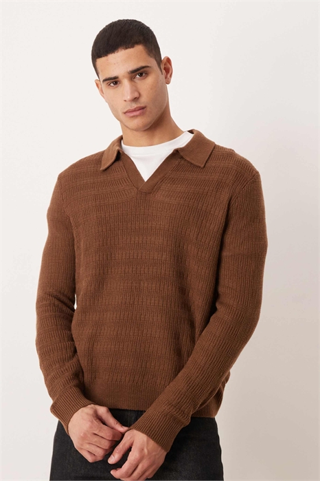 Трикотажная рубашка-поло с длинными рукавами, узором «корзинка» и вырезом с закруглённой горловиной артикул 149427390