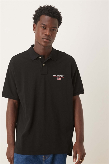 Спортивная рубашка-поло из пике с логотипом в виде флажка и логотипом в виде капсулы, свободный крой артикул 148371245