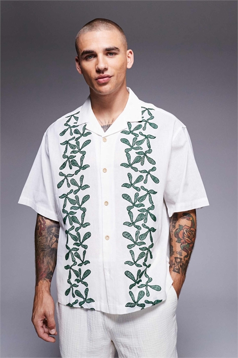 Рубашка свободного кроя с воротником-ревером и принтом по краю артикул 147625300