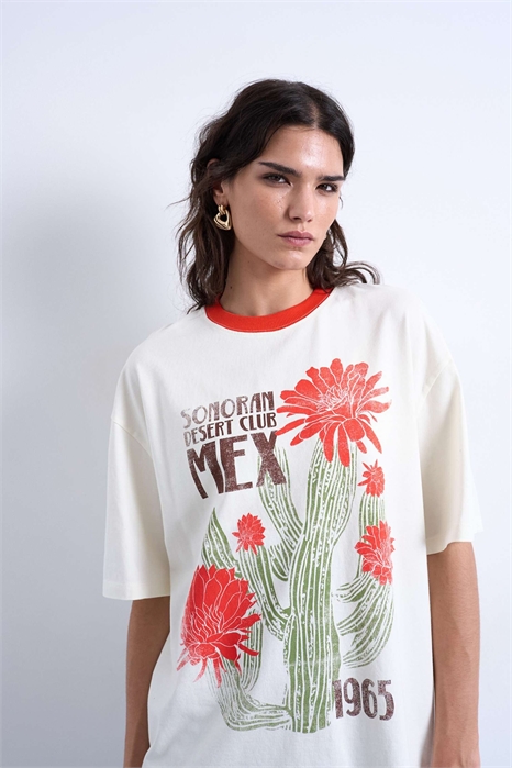 Футболка оверсайз с принтом «Графический кактус» и контрастной окантовкой артикул 149597742