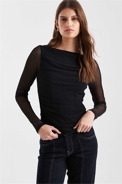 Топ с длинными рукавами, сетчатой драпировкой и лодочным вырезом артикул 151965438
