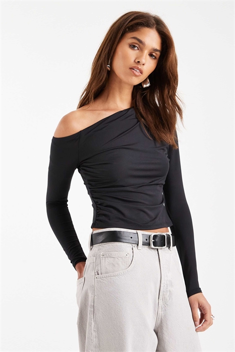 Облегающий топ с открытыми плечами, рюшами и длинными рукавами артикул 152192177