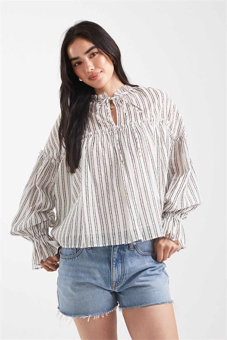 Блузка с завязками на шее, рюшами и гофрированной тканью, с длинными рукавами артикул 145753508