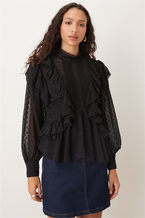 Блузка с длинными рукавами, украшенная рюшами и вышивкой артикул 148224399