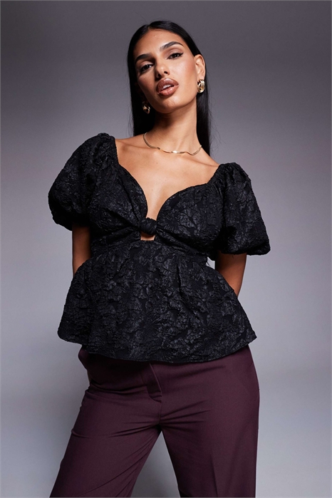 Топ с жакардовыми рукавами-буф артикул 151897722